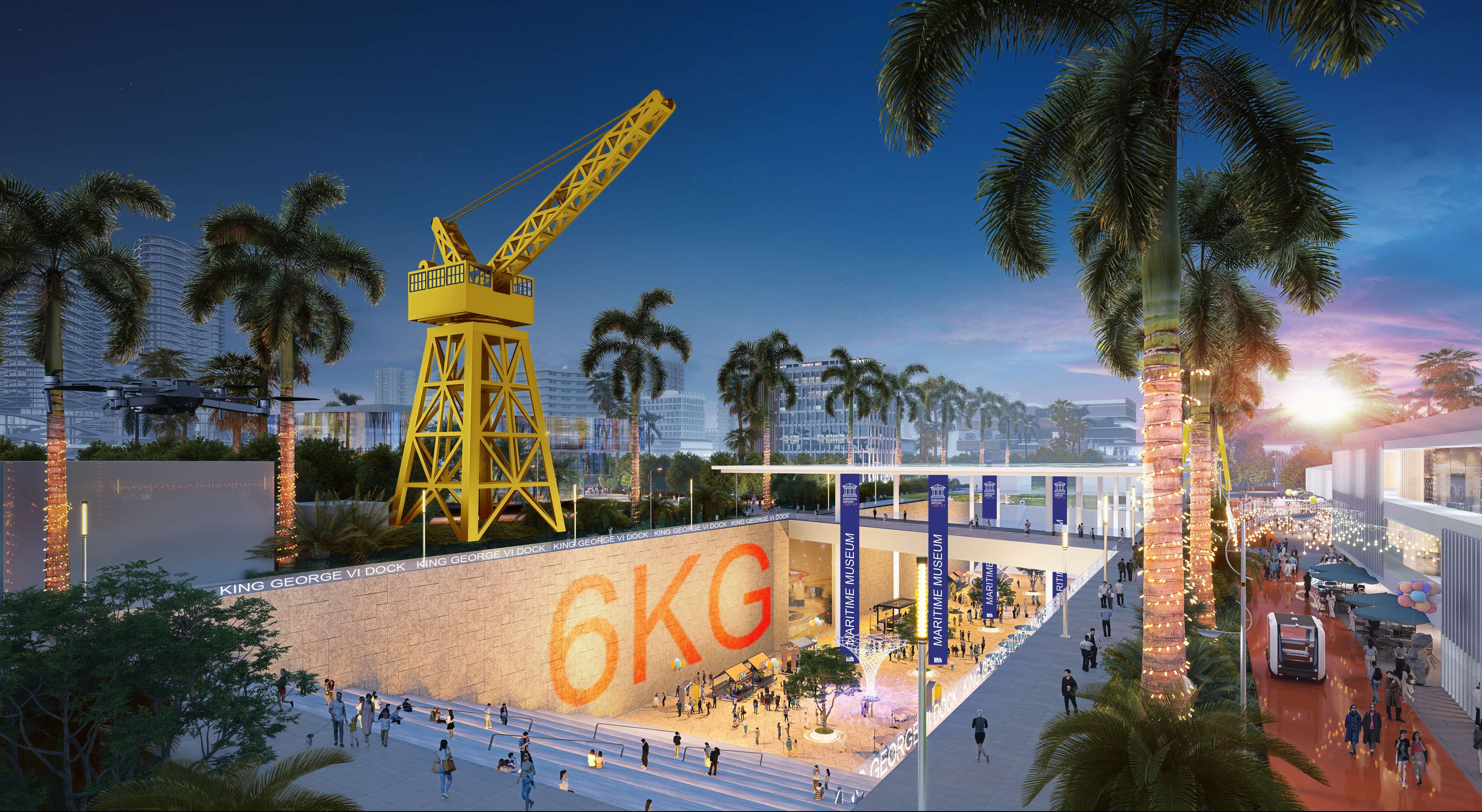 Night view of King George VI Dock maritime museum. Yellow crane, palms, lights, and walking people.